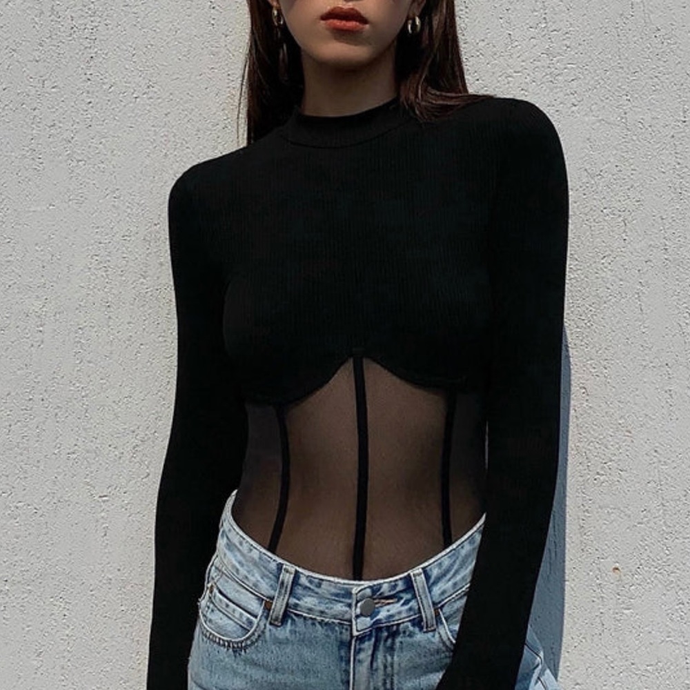 Commense Mesh Combination Corset Long Sleeve Top